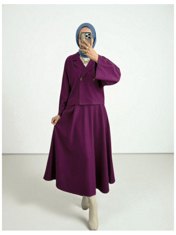 Tek Düğmeli Etekli Keçe Takım -Mürdüm