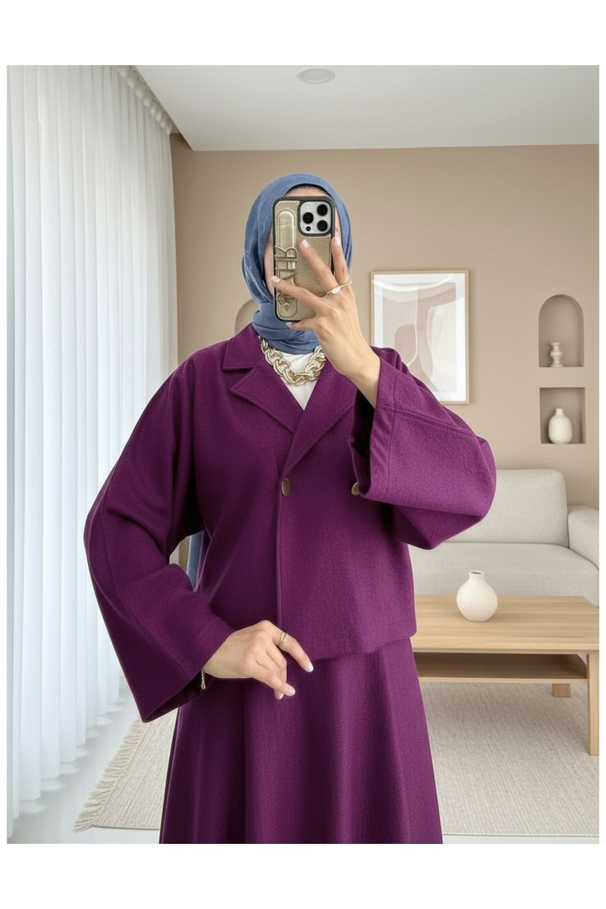 Tek Düğmeli Etekli Keçe Takım -Mürdüm