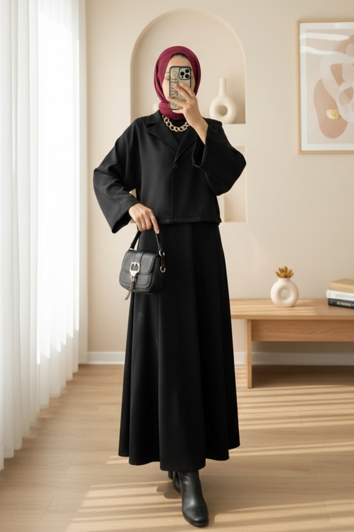 Tek Düğmeli Etekli Keçe Takım -Siyah