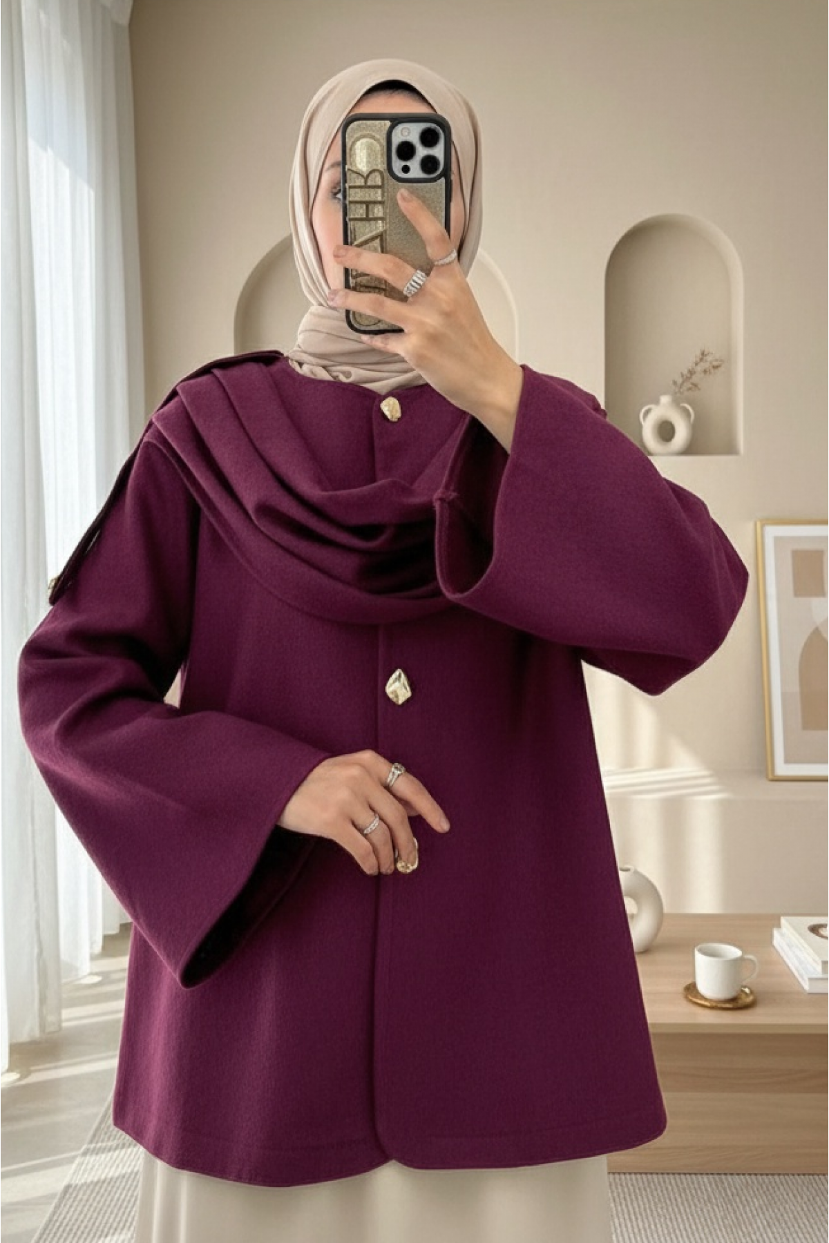 Şal Detaylı Kışlık Keçe Ceket -Mürdüm