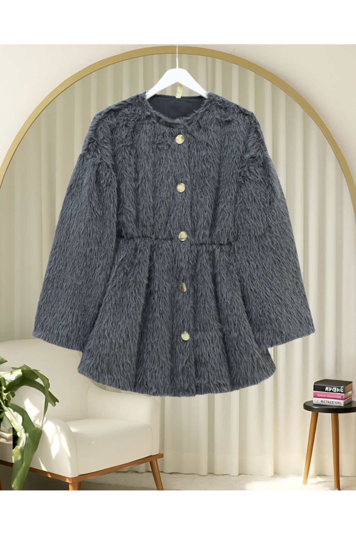 İçi Astarlı Beli Büzgülü Kürklü Ceket -Füme