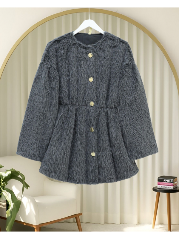 İçi Astarlı Beli Büzgülü Kürklü Ceket -Füme