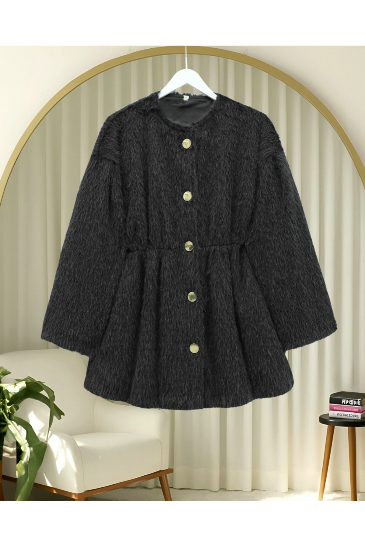 İçi Astarlı Beli Büzgülü Kürklü Ceket -Siyah