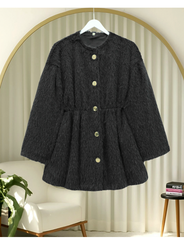 İçi Astarlı Beli Büzgülü Kürklü Ceket -Siyah