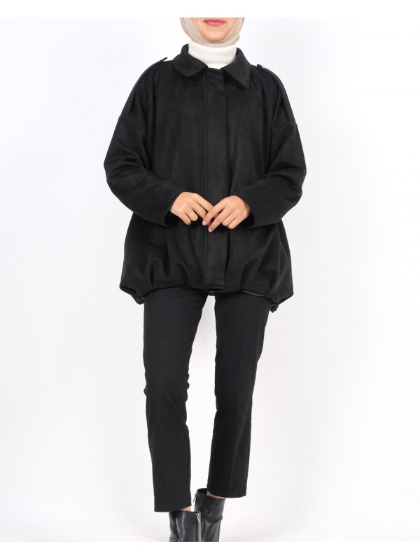 Omzu Apoletli Önü Fermuarlı Astarlı Süet Ceket -Siyah