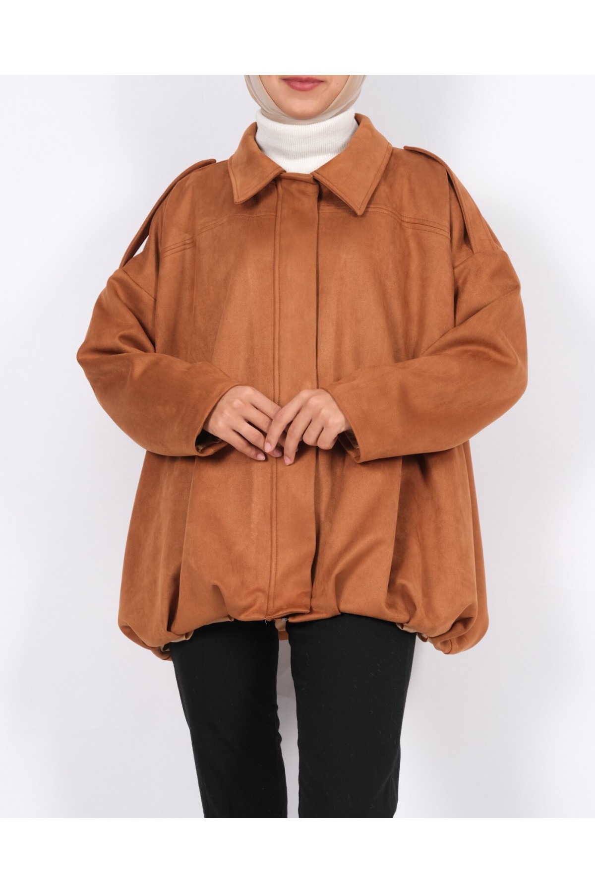 Omzu Apoletli Önü Fermuarlı Astarlı Süet Ceket -Taba