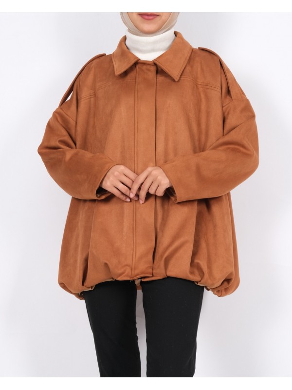 Omzu Apoletli Önü Fermuarlı Astarlı Süet Ceket -Taba