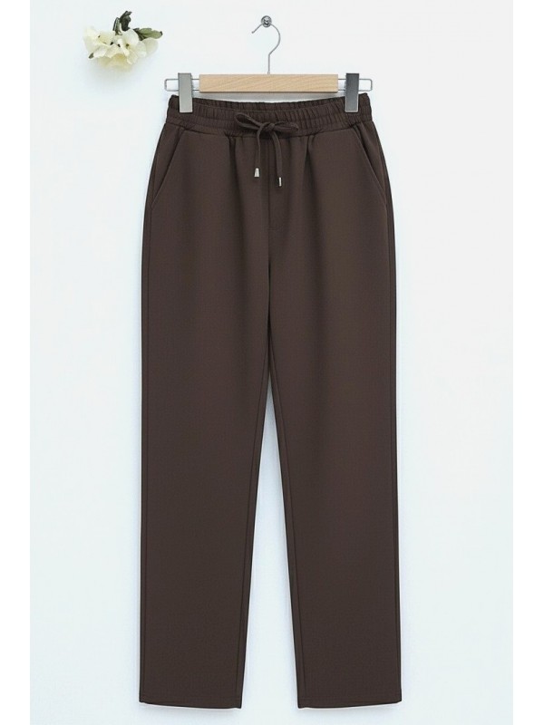 Beli Bağcıklı Dar Paça Pantolon    -Kahve