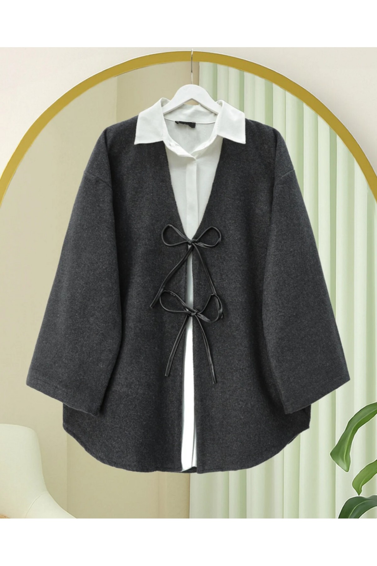 Önü Bağcıklı Oval Kesim Kaşe Kimono     -Antrasit