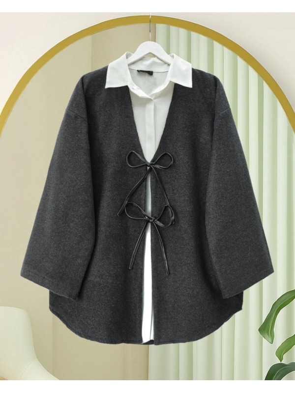 Önü Bağcıklı Oval Kesim Kaşe Kimono     -Antrasit