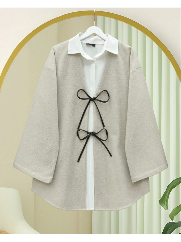 Önü Bağcıklı Oval Kesim Kaşe Kimono     -Taş