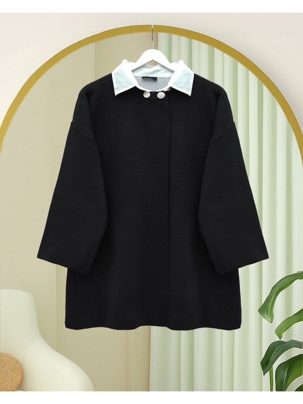 Çift Düğmeli Salaş Triko Panço  -Siyah