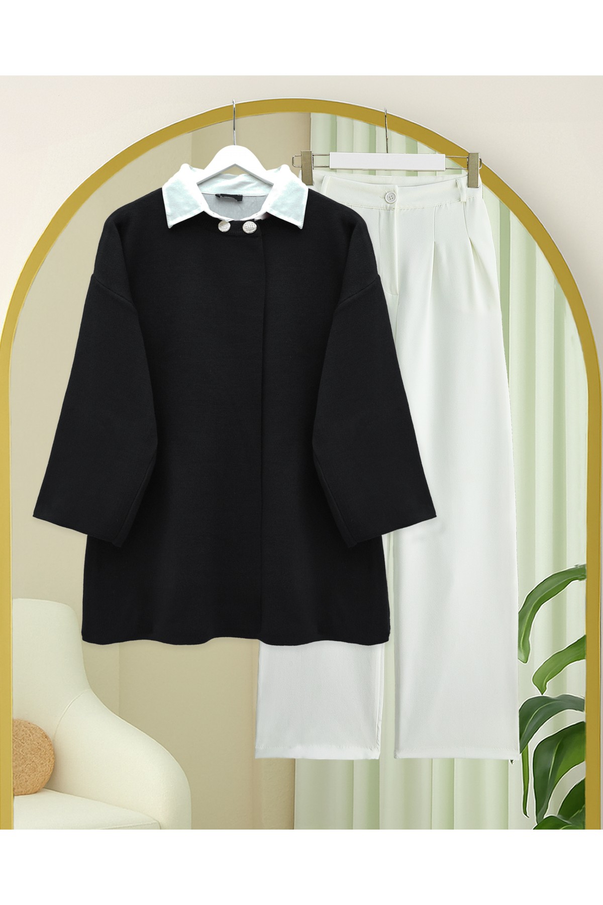 Çift Düğmeli Salaş Triko Panço  -Siyah