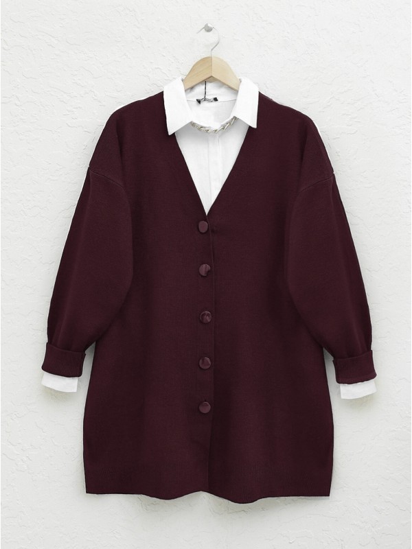 Düğmeli Kışlık Tesettür Triko Hırka      -Bordo