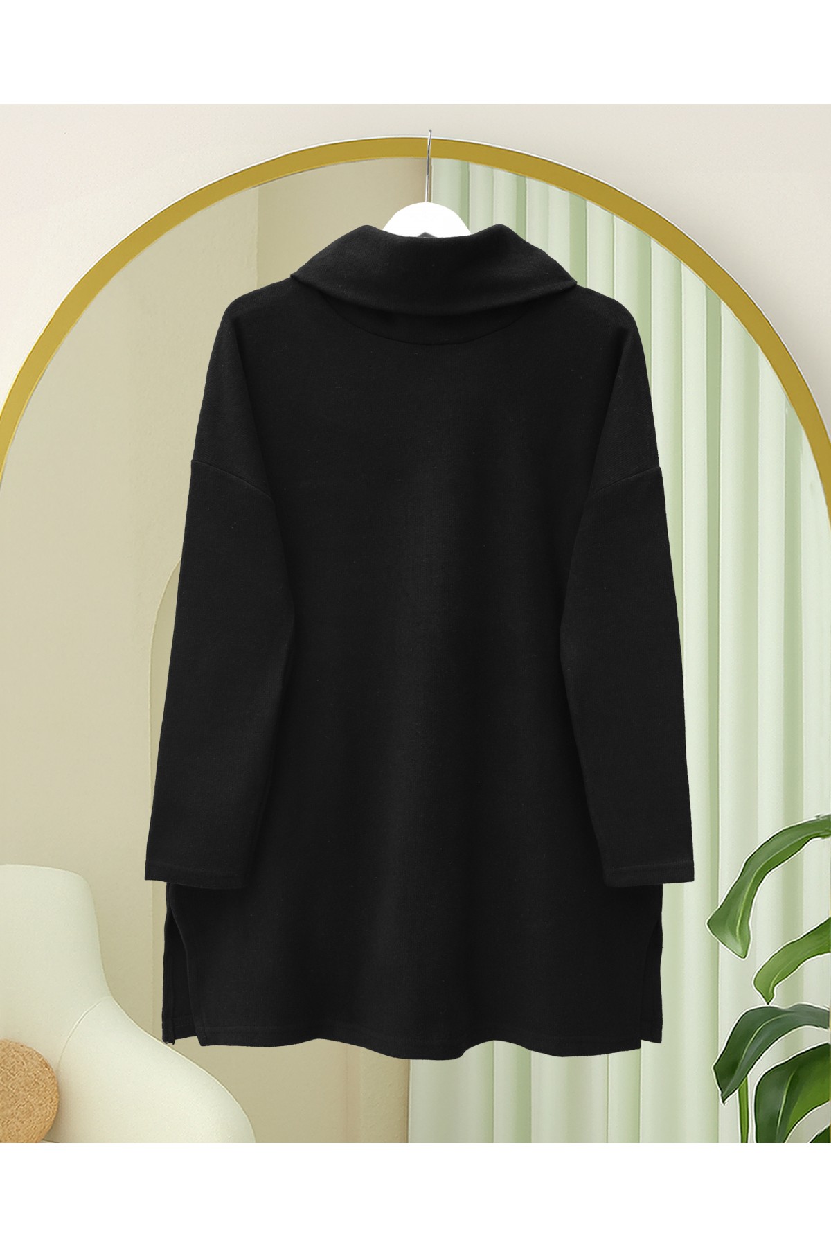 Balıkçı Yaka Yırtmaçlı Selanik Tunik   -Siyah