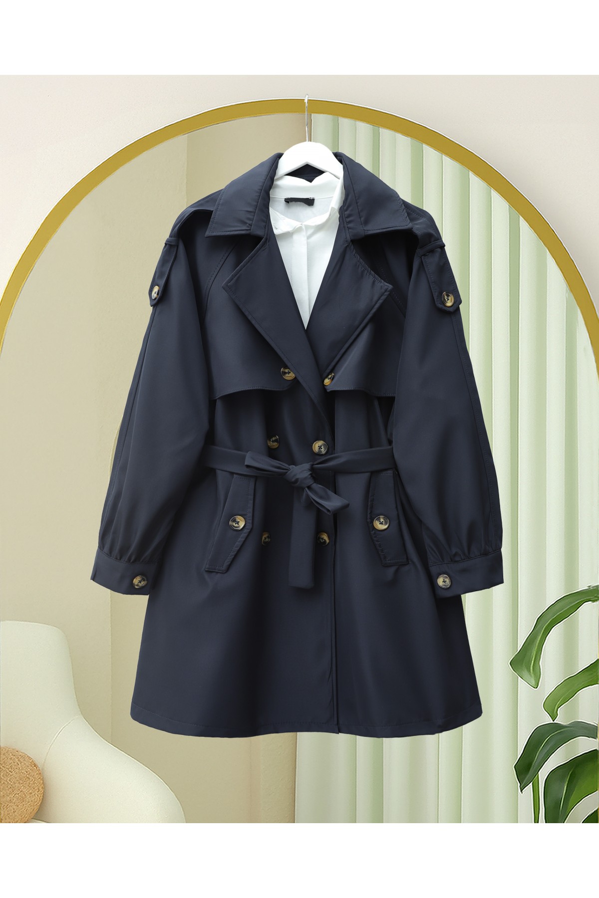 Omzu Apoletli Çift Düğmeli Bolerolu  Cepli Kemerli Trençkot   -Laci