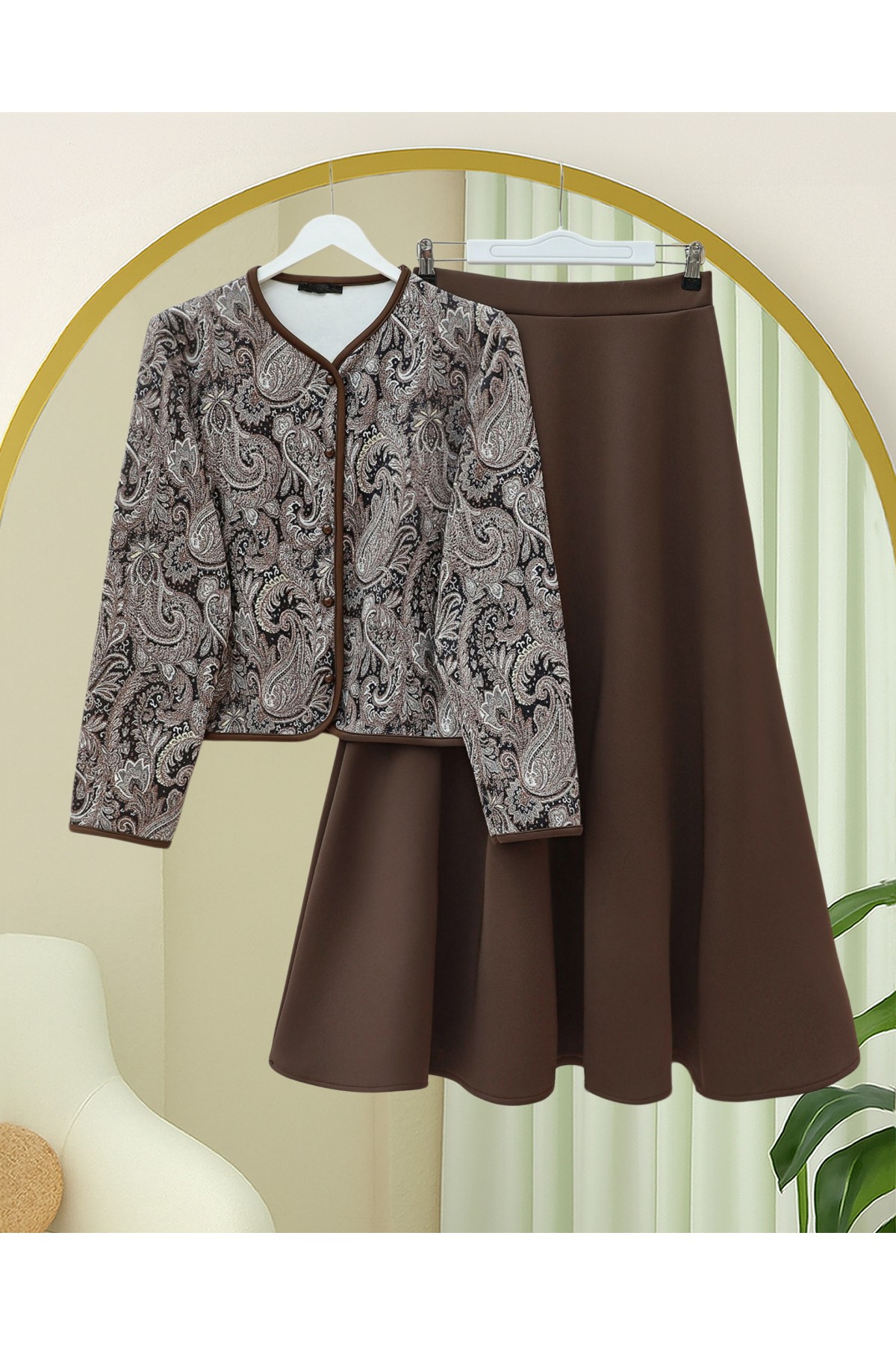 Etnik Desenli Top Düğmeli Scuba Takım -Kahve