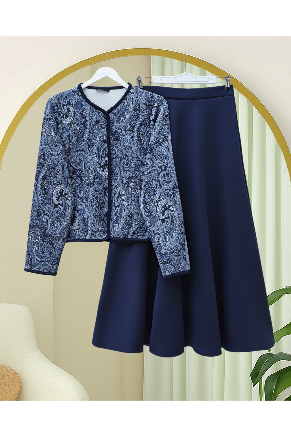 Etnik Desenli Top Düğmeli Scuba Takım -Laci