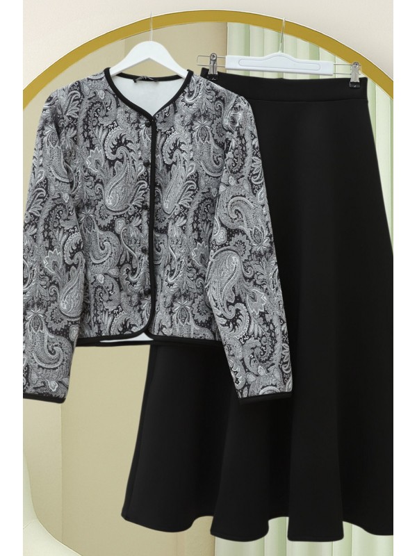 Etnik Desenli Top Düğmeli Scuba Takım -Siyah