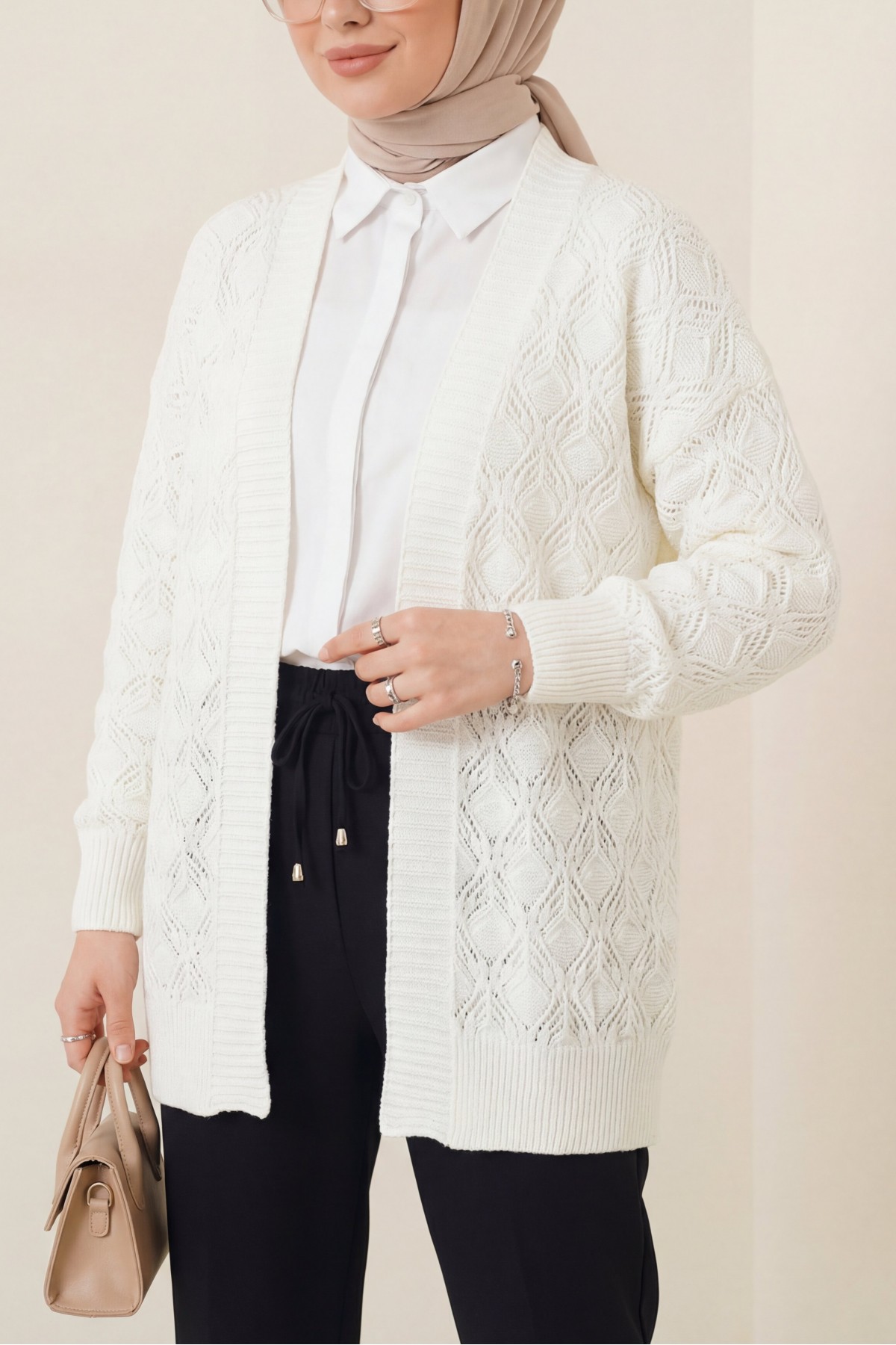 Desenli Araboy Örme Triko Hırka -Ekru