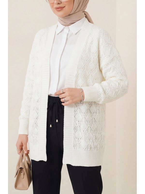 Desenli Araboy Örme Triko Hırka -Ekru