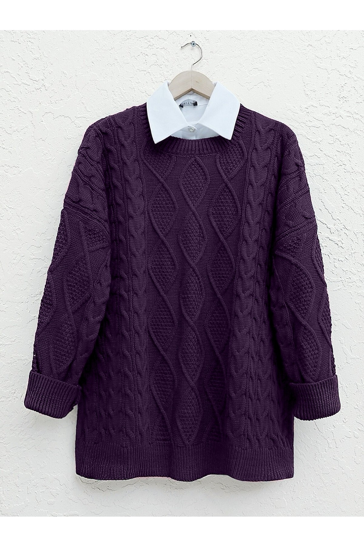 Petek Desen Kışlık Salaş Triko Kazak        -Mor