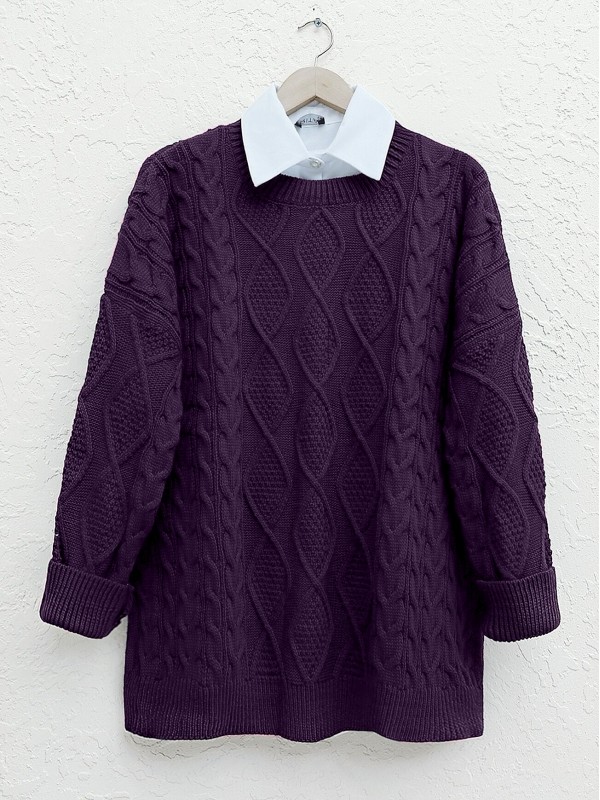 Petek Desen Kışlık Salaş Triko Kazak        -Mor