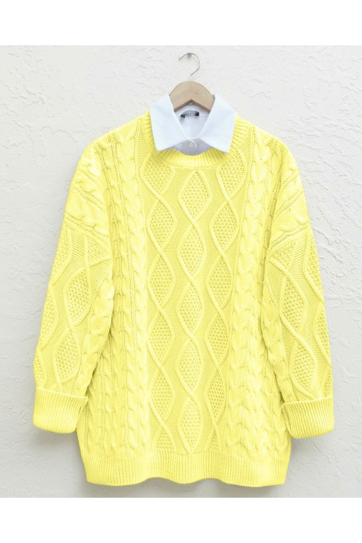 Petek Desen Kışlık Salaş Triko Kazak        -Sarı