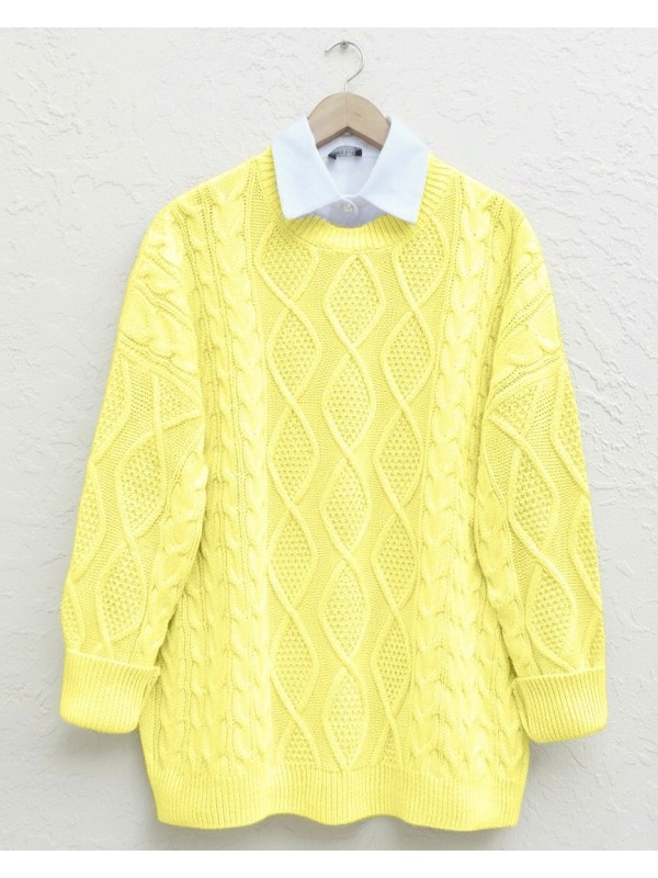 Petek Desen Kışlık Salaş Triko Kazak        -Sarı