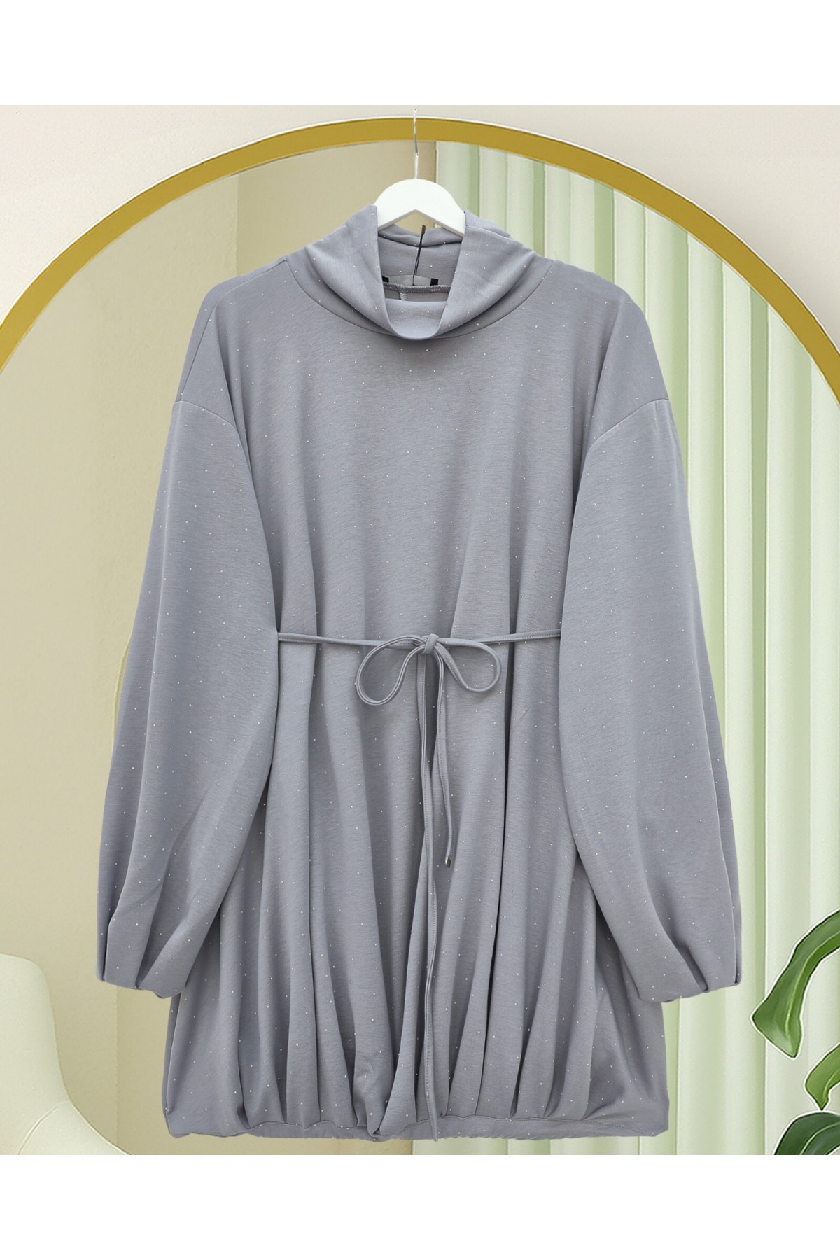 Eteği Lastikli Beli Bağcıklı Yarım Boğazlı Oysho Sweat -Açık Gri