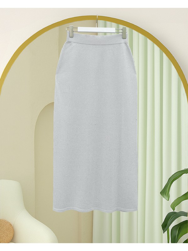 Taşlı Beli Lastikli Kalem Etek -Gümüş