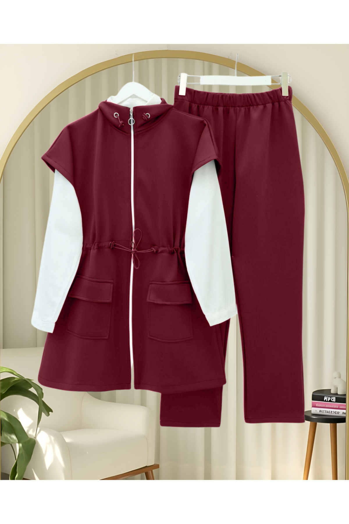 Çift Cepli Fermuarlı Lastik Detaylı Kısakollu Scuba Takım  -Bordo