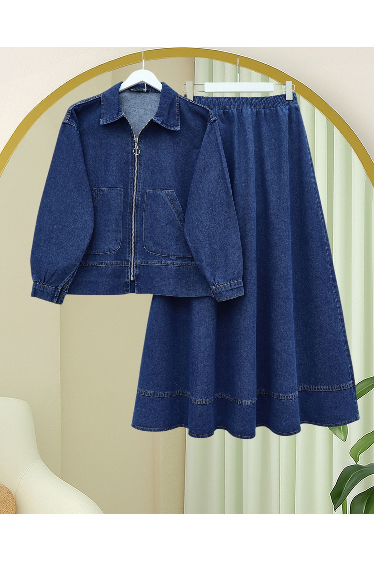 Önü Fermuarlı Çift Cepli Etekli Kot Takım -İndigo