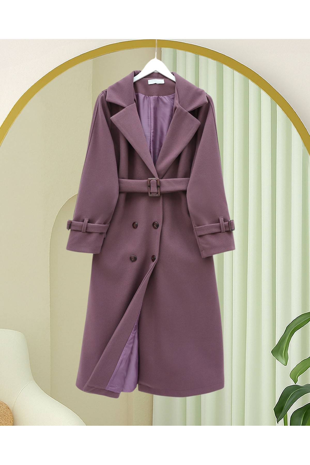 Önü Düğmeli Beli Ve Kolu Kemerli Cepli Astarlı Kaşe Kap  -Vişne