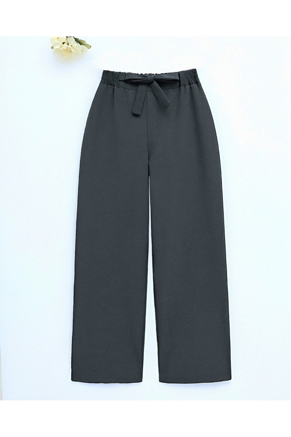Duble Kumaş Beli Kuşaklı Bol Paça Pantolon    -Füme