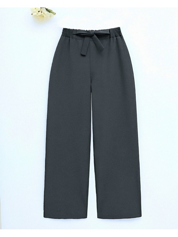 Duble Kumaş Beli Kuşaklı Bol Paça Pantolon    -Füme