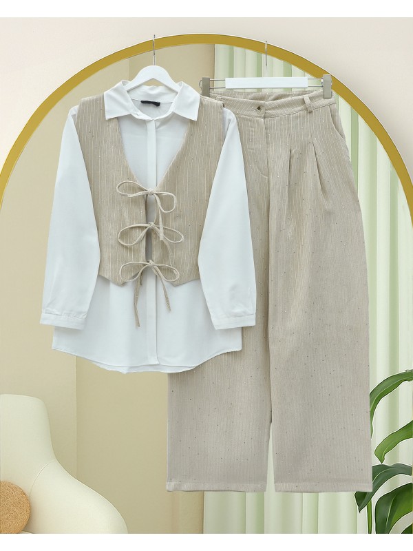 Önü Bağlamalı Yelek Pantolon Kadife Takım  -Bej