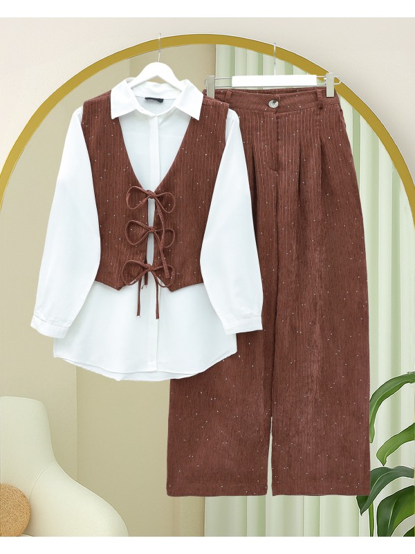 Önü Bağlamalı Yelek Pantolon Kadife Takım  -Kiremit