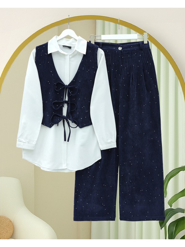 Önü Bağlamalı Yelek Pantolon Kadife Takım  -Laci