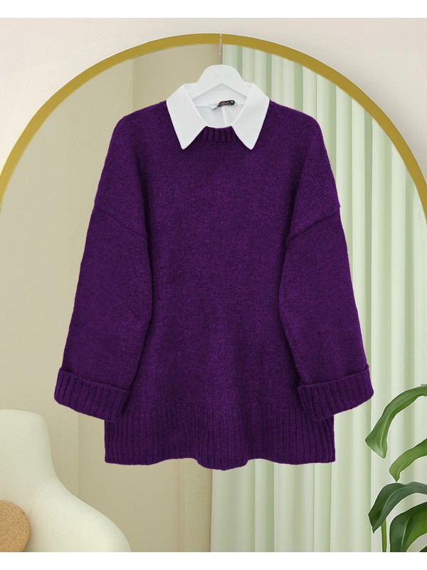 Bisiklet Yaka Eteği Fitilli Salaş Triko Kazak        -Mor