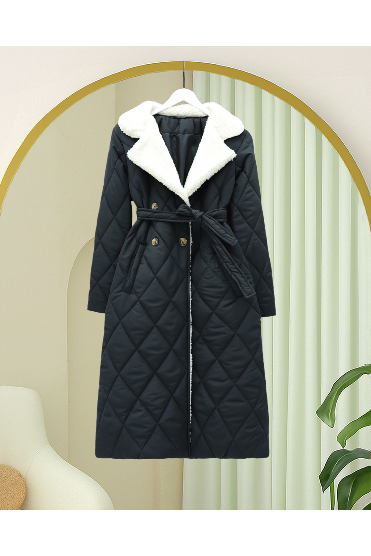 Yakası Ve İçi Peluşlu Astarlı Beli Kemerli Cepli Kapitone Kaban -Siyah