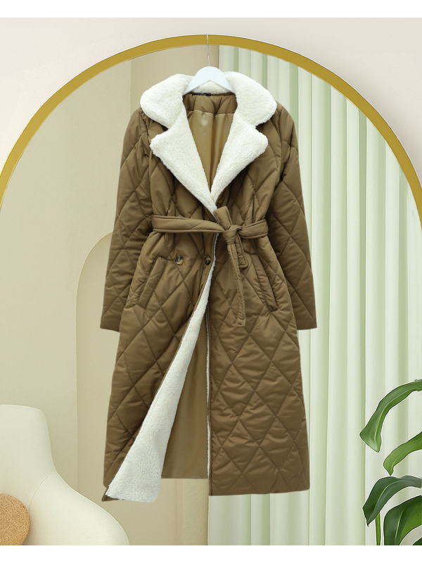 Yakası Ve İçi Peluşlu Astarlı Beli Kemerli Cepli Kapitone Kaban -Taba