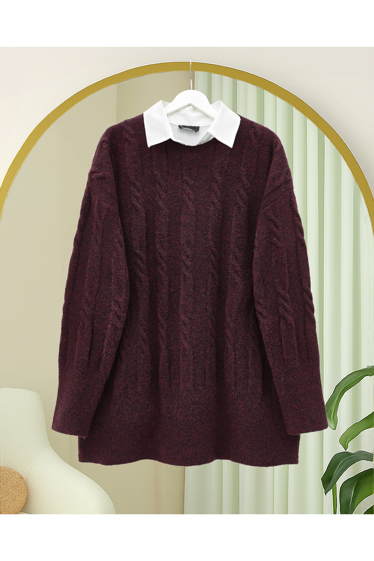 Kabartma Desenli Yumoş Triko Kazak -Bordo