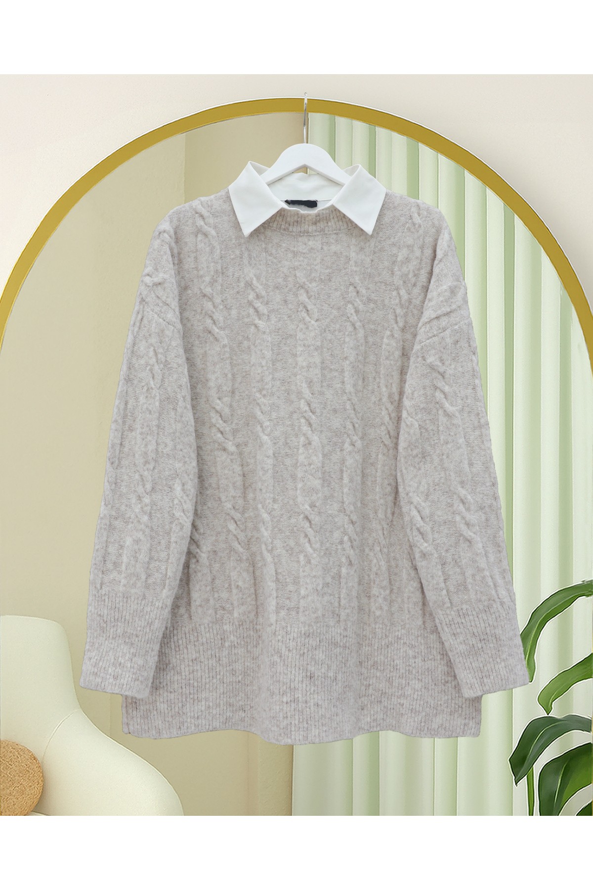 Kabartma Desenli Yumoş Triko Kazak -Taş