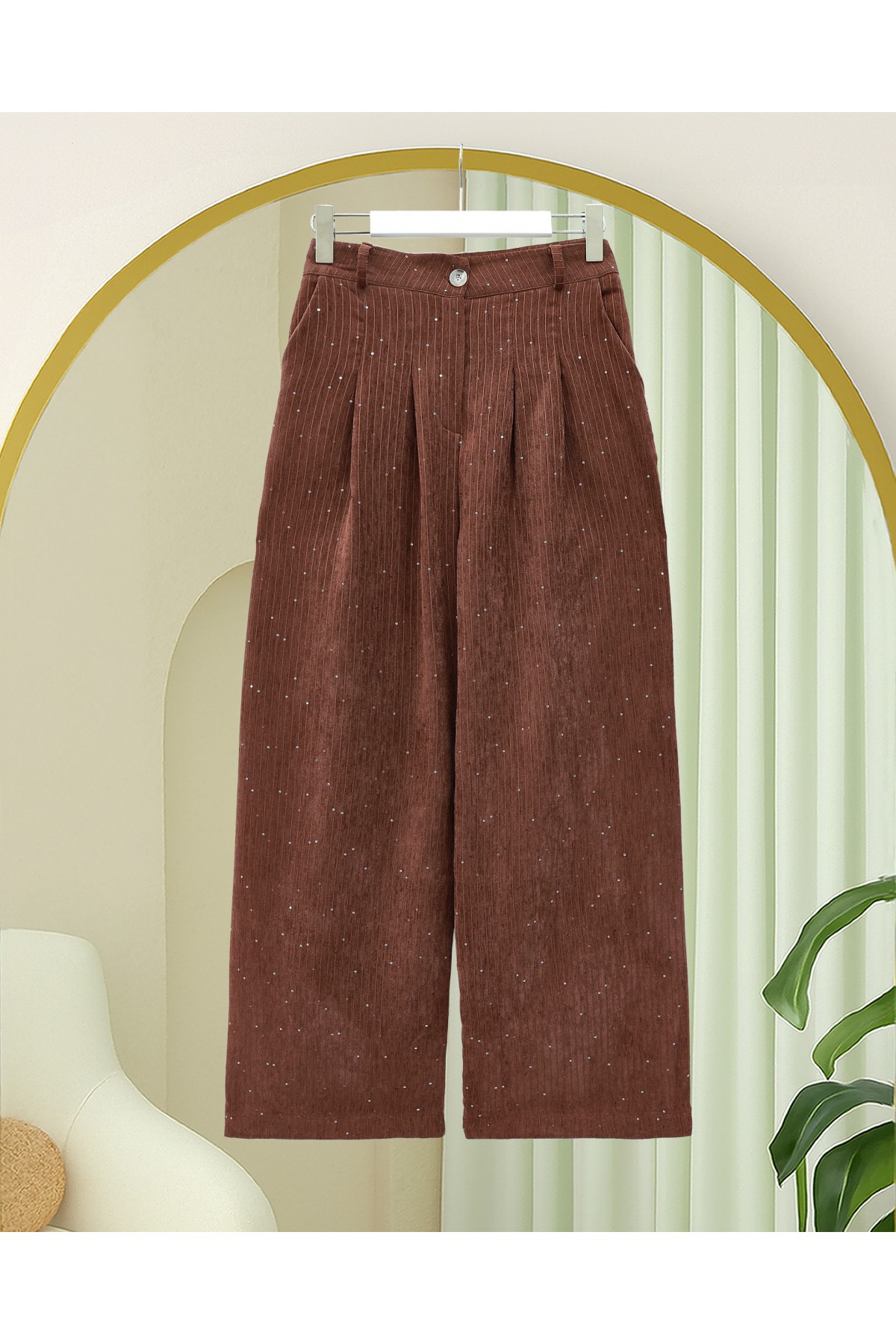 Cepli Bol Paça Pul Detaylı Kadife Pantolon  -Kiremit