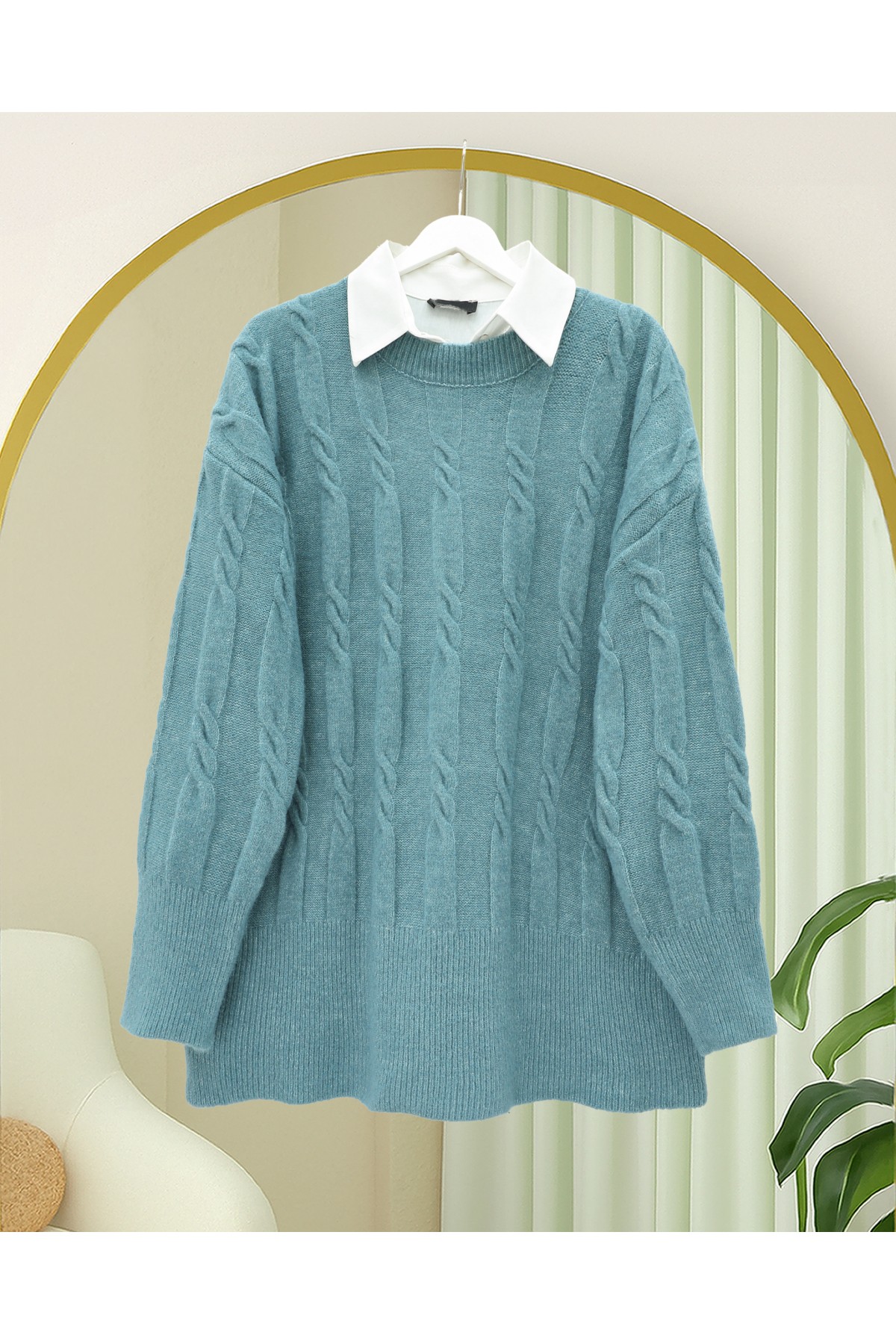 Kabartma Desenli Yumoş Triko Kazak  -Turkuaz