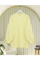Yuvarlak Yaka Kolu Örgü Detaylı Triko Kazak    -Açık Sarı