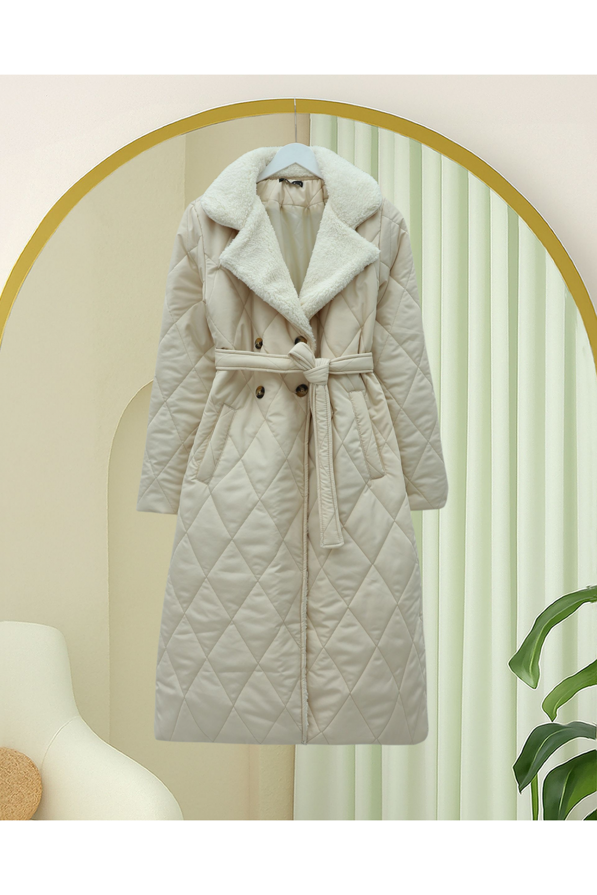 Yakası Ve İçi Peluşlu Astarlı Beli Kemerli Cepli Kapitone Kaban  -Bej