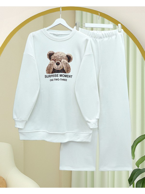 Ayıcık Baskılı Şardonlu 3 İplik Sweat Takım  -Beyaz