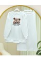 Ayıcık Baskılı Şardonlu 3 İplik Sweat Takım  -Beyaz